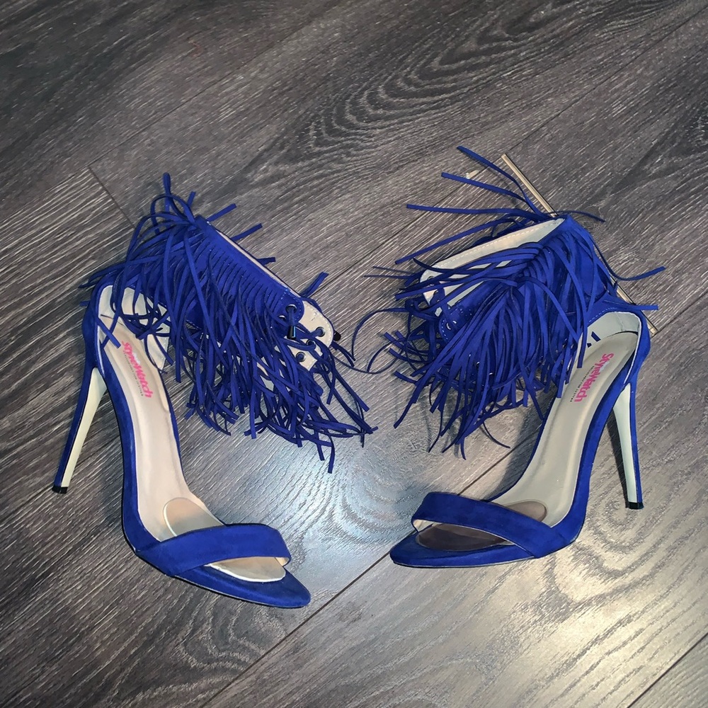 Royal blue fringe heels